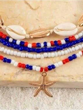 🇺🇸 5 Pc Set-Red and Blue Beaded Starfish Necklace with Shells, Beads
